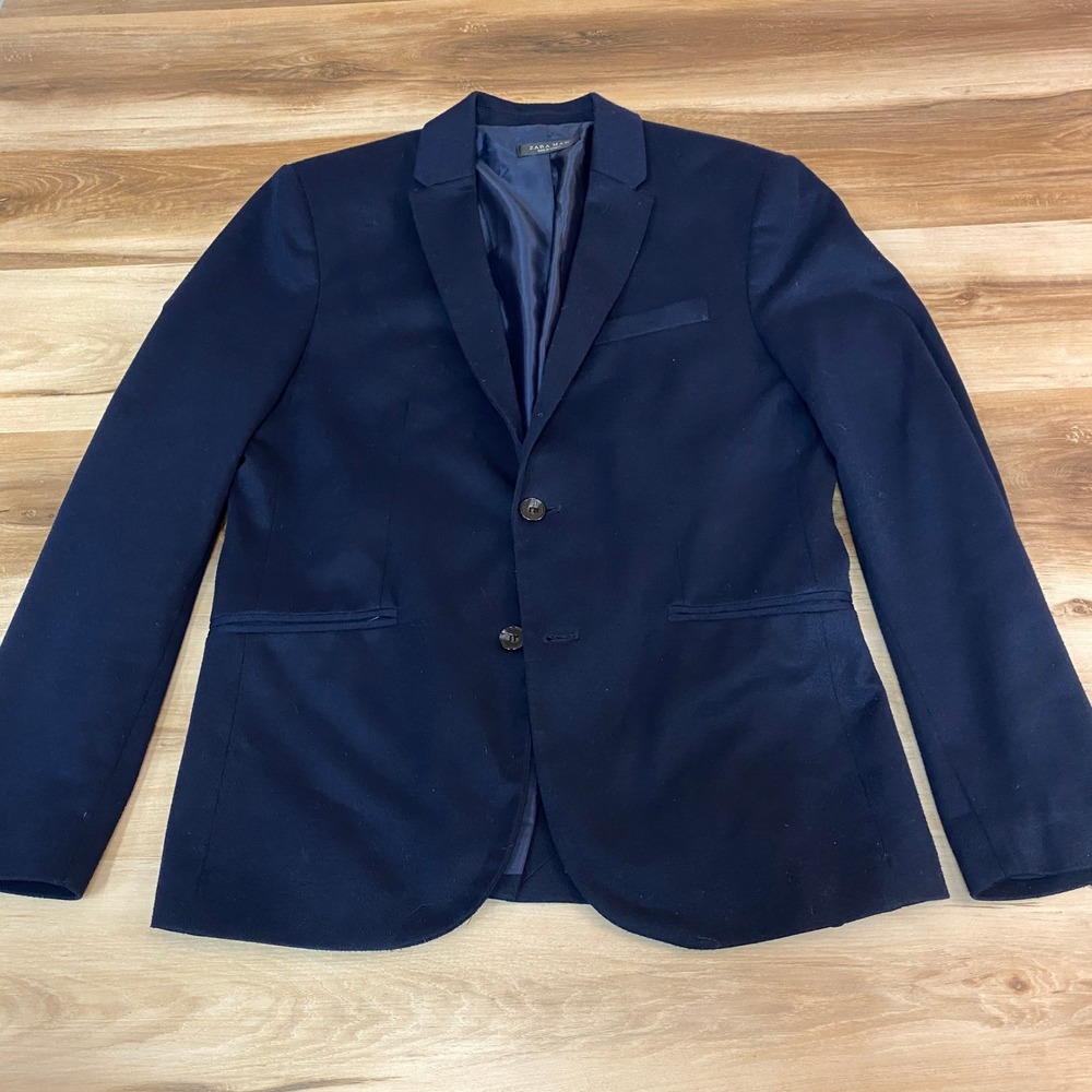 Zara Navy Blue Blazer Mens Large Sport Jacket 2 Button